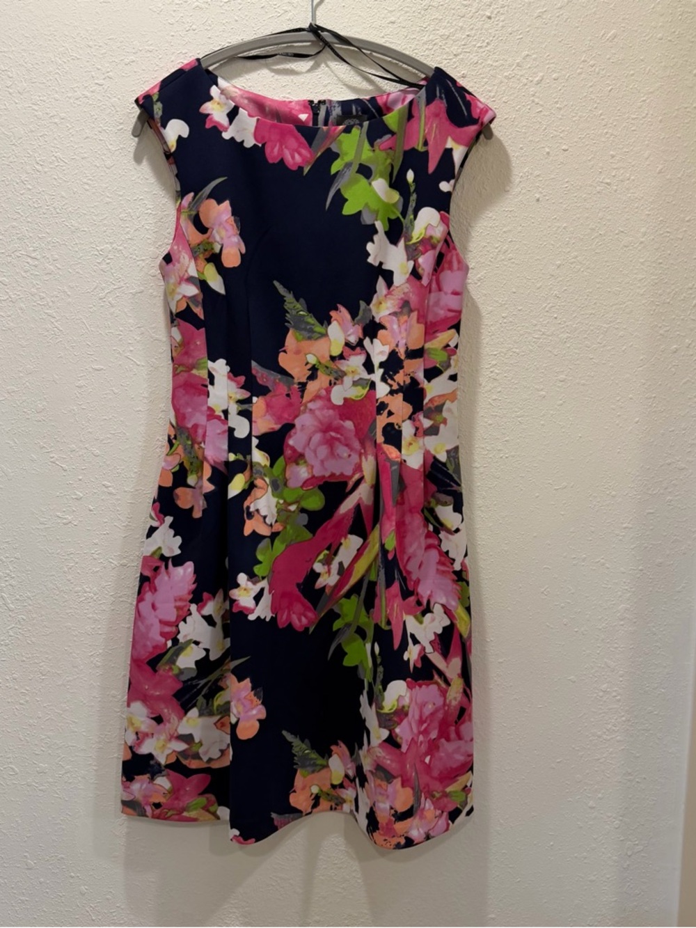 Vince Camuto Navy Floral Midi Dress with Pink Accents